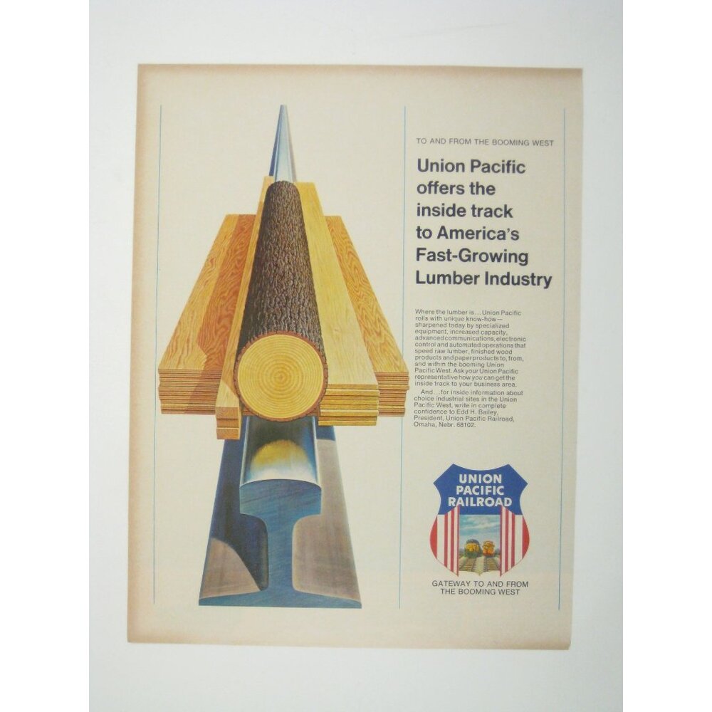 Vintage Union Pacific Railroad Lumber Industry Print Ad 1960s Train Rail Tree
